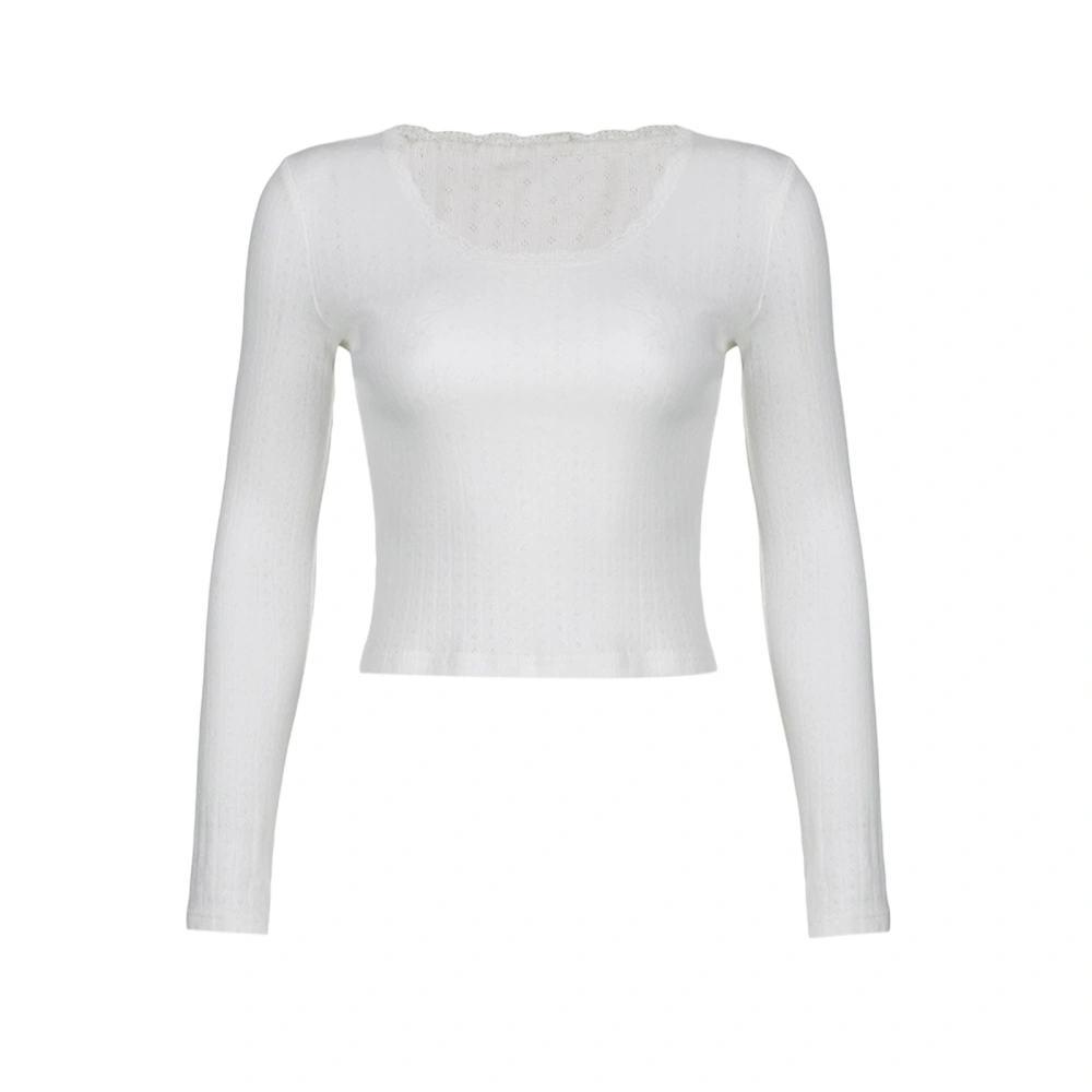 Women Long Sleeve Shirt Casual Lace Trim Slim Fit Round Neck Pullover Crop Tops Streetwear Clubwear