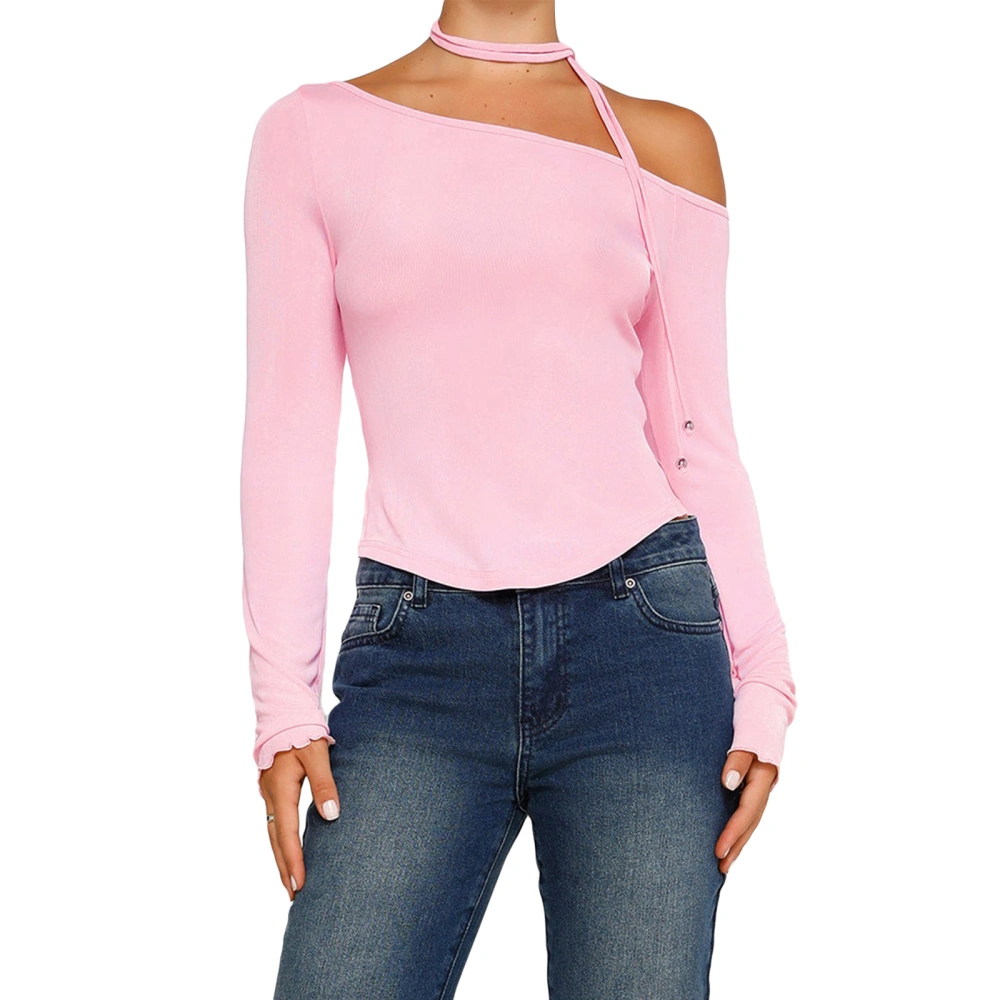 Women’s Off One Shoulder Tops, Long Sleeve Solid Color Slim Fit T-Shirts with Choker