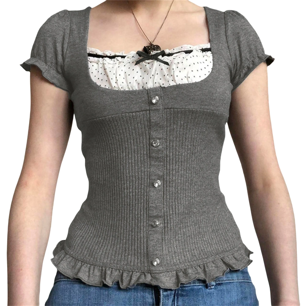 Women Knitting Shirt Short Sleeves Square Neck Knitting Ruffled Tops 