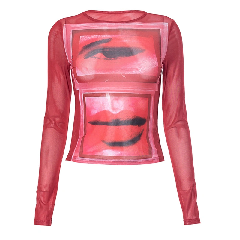 Women Long Sleeve Crop Tops Vintage Print See-Through Thin Crew Neck Slim Fit T-Shirts Spring Casual Shirts Streetwear