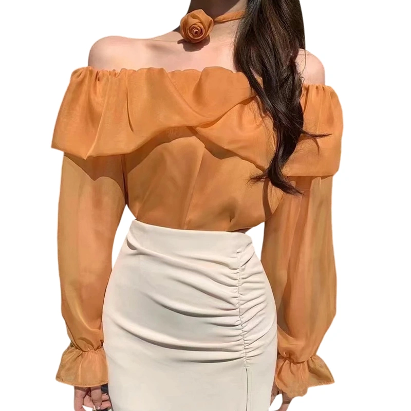 Women Tops Suit, See Through Long Sleeve Off Shoulder Ruffled Casual Party Shirt + Floral Choker