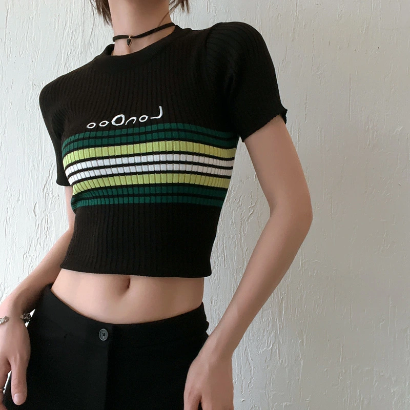 Women's Summer Streetwear Crop Tops Short Sleeve O Neck Knitted Striped T-shirts