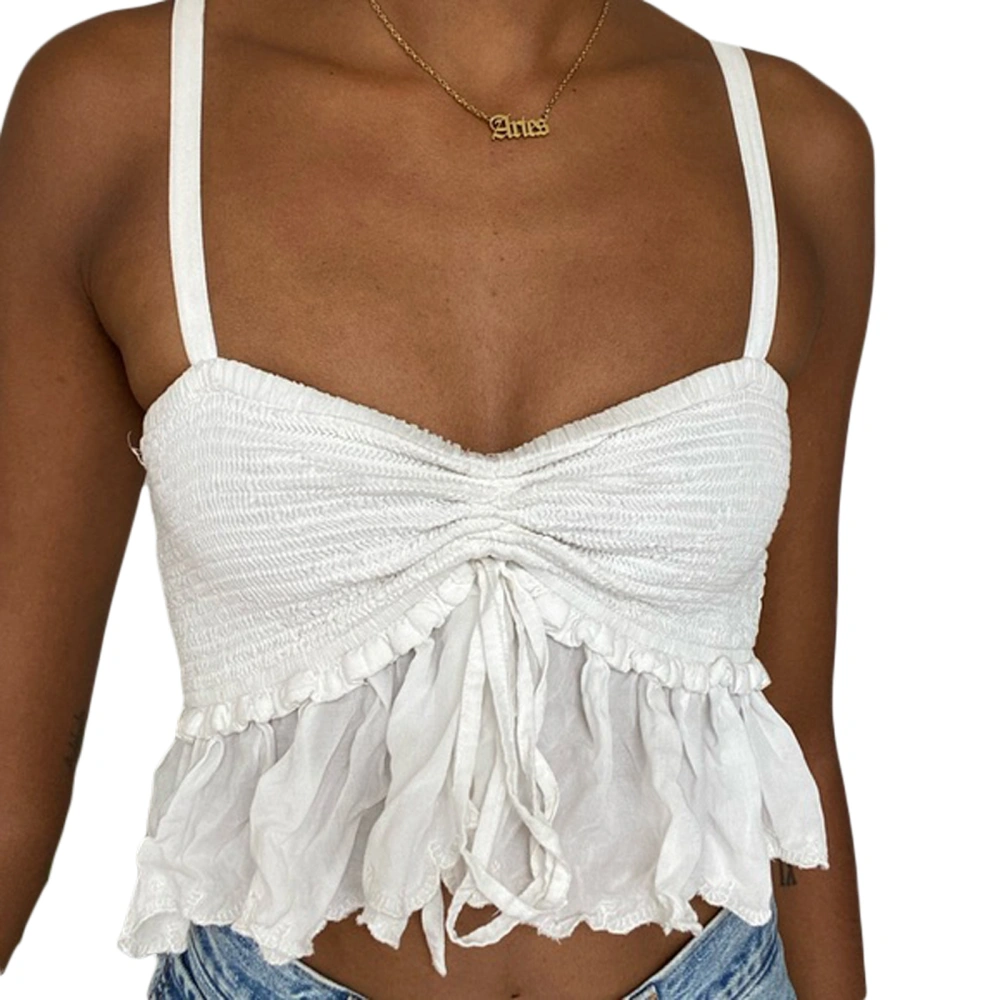 Women's Summer Mini Sling Vests White Sleeveless Lace Patchwork Ruched Crop Tops