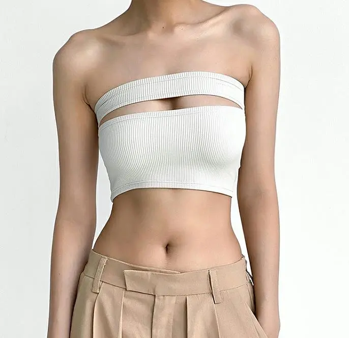 Women Elastic Cutout Bandeau Summer Asymmetrical Strapless Off-Shoulder Crop Tops Streetwear Club Wear