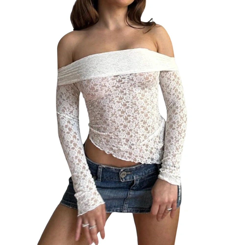 Women Floral Lace Cropped Shirt Slim Fit Long Sleeve Off-Shoulder Tops