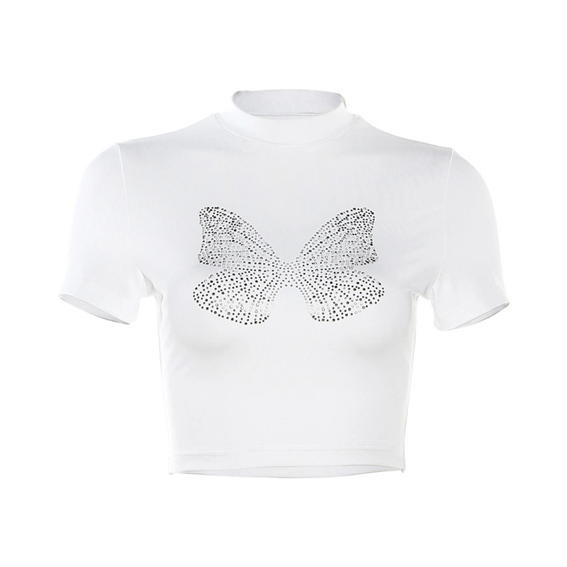 Women Short Sleeve Crop T-shirts Rhinestone Butterfly Print Summer Basic Tops for Party Streetwear