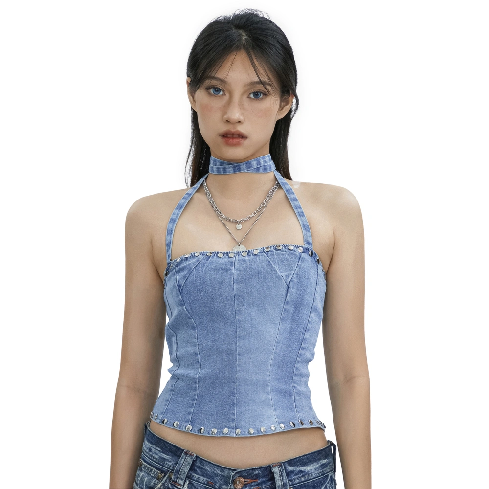 Women's Summer Halter Tank Tops, Sleeveless Contrast Color Slim Fit Rivet Denim Tops Streetwear