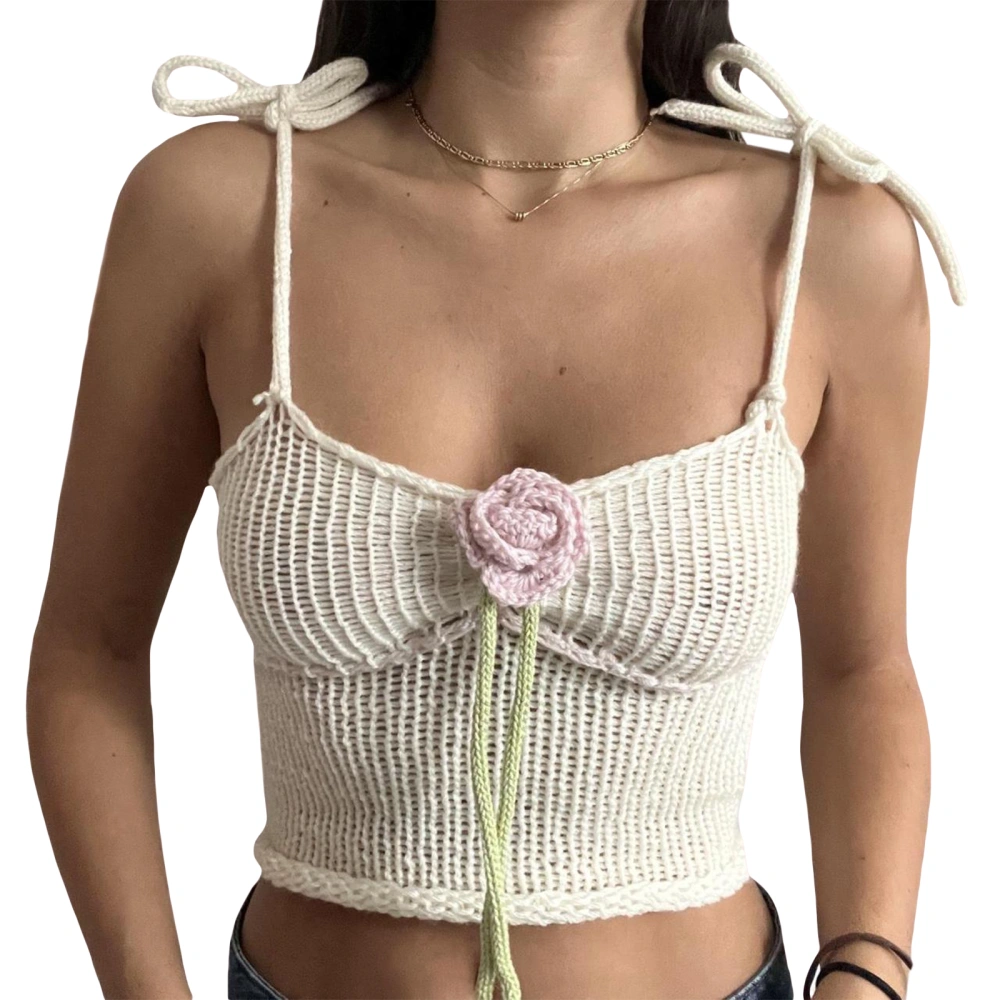 Women's Summer Going Out Tops Beige Sleeveless Knit Tank Tops Rose Decor Crop Tops