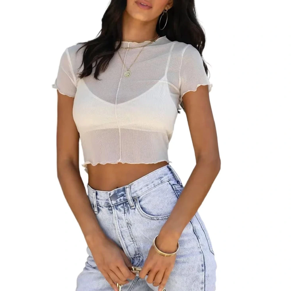 Women's Sheer Mesh Crop Tops Short Sleeve Solid Color T-Shirts