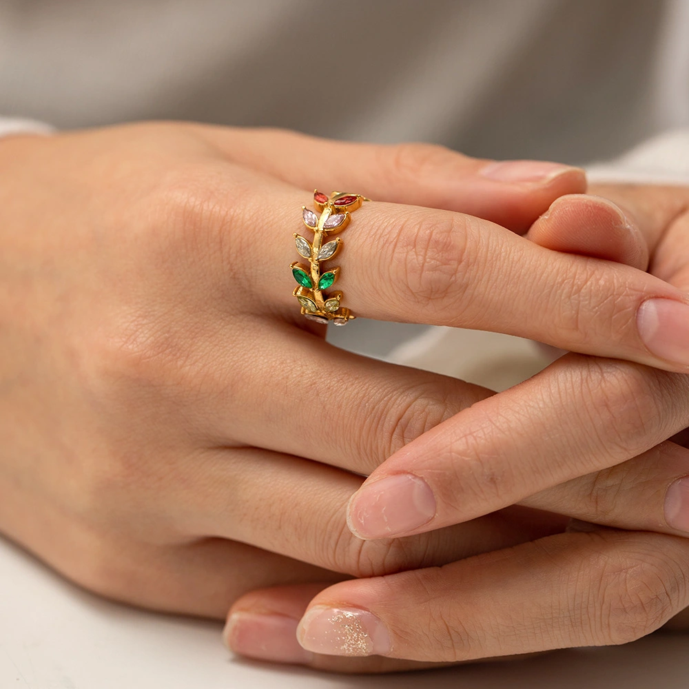 European And American Inlaid Zircon Leaves Open Ring