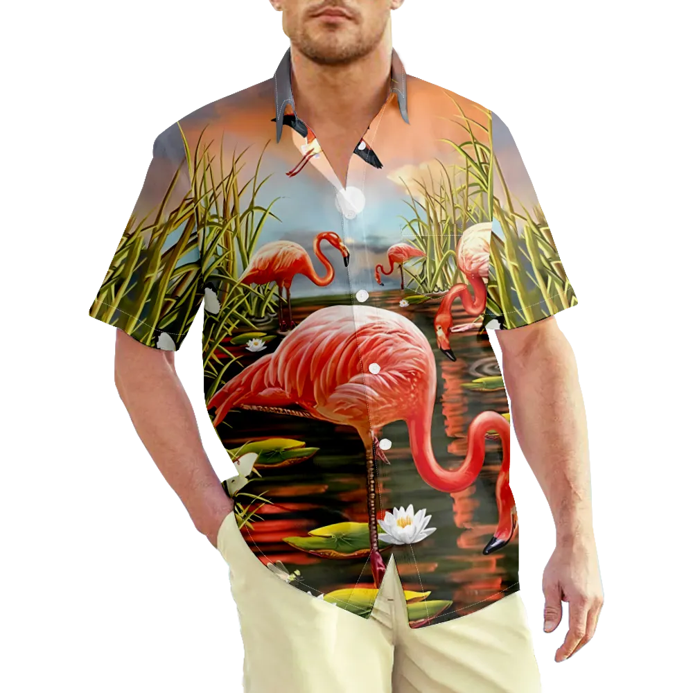 Men's Hawaiian Shirt Flamingos Shirt Shirt Collar Daily Short Sleeve Clothing Apparel Simple/Regular Fit