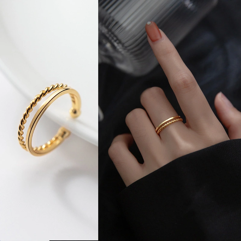 S925 Silver Ring Women's Korean-style Fresh Simple Opening Double-layer Twist Lines Hand Jewelry