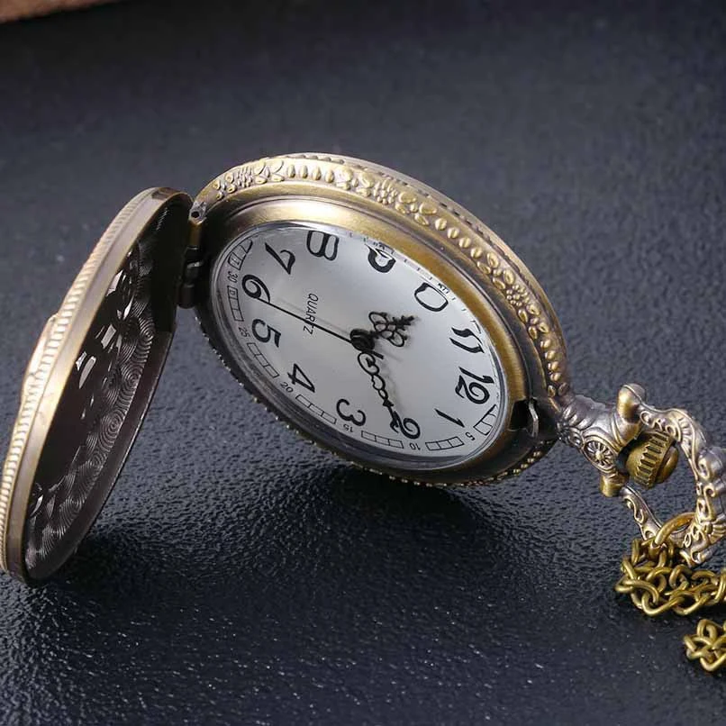 Bronze Carved Hollow Large Elephant Carved Quartz Pocket Watch