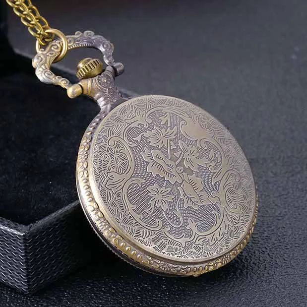 Bronze Carved Hollow Large Elephant Carved Quartz Pocket Watch