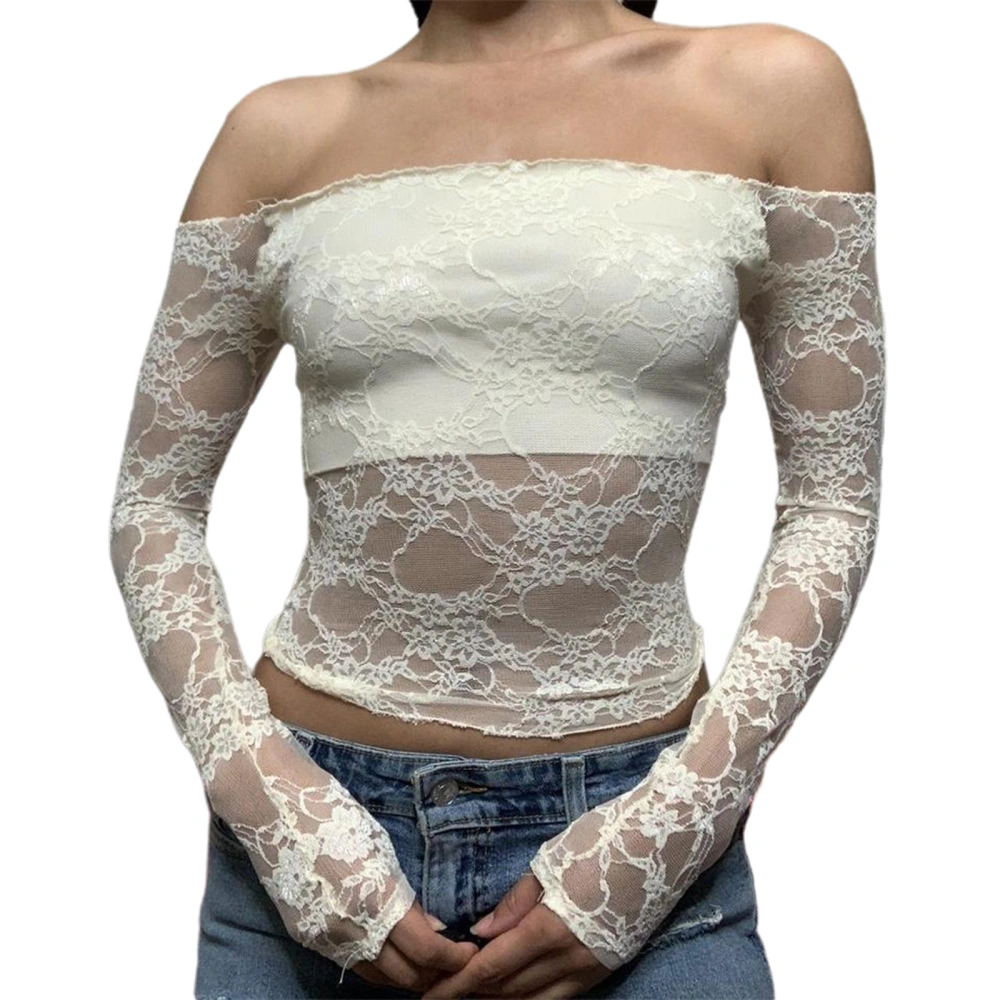 Women Off-shoulder Cropped T-shirt Casual Floral See-through Lace Long Sleeve Tops Streetwear Clubwear