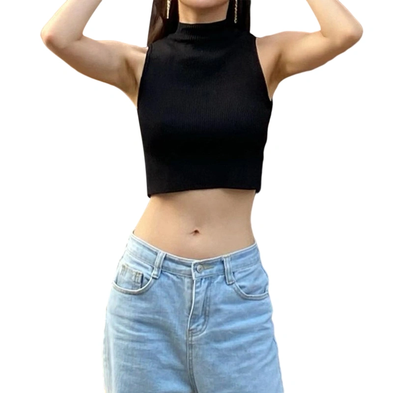 Women's Summer Streetwear Crop Tops Black Sleeveless O Neck Backless Tie Up Vest