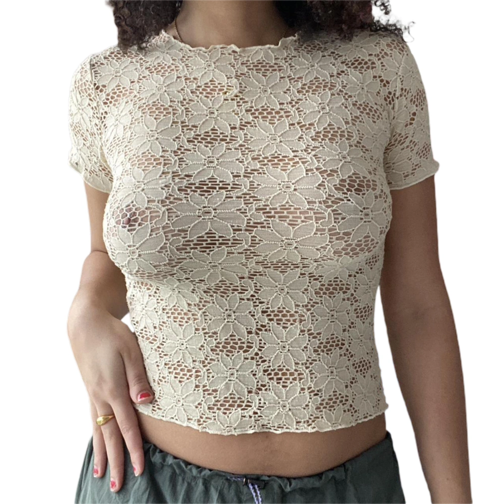 Women&acute;s Lace Crop Tops, Basic Short Sleeve Round Neck Solid Color Fitted Tee Shirts