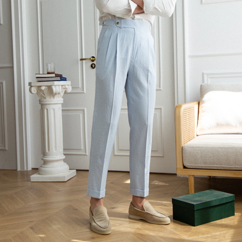 Blue Stripe On Seersucker High Waisted Straight Pants