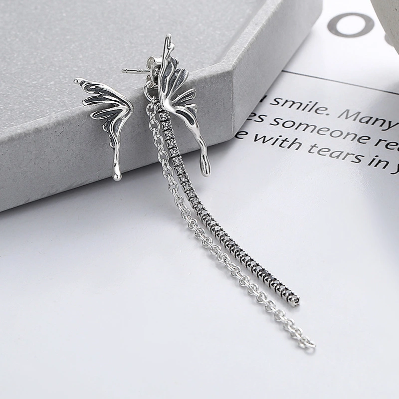 S925 Sterling Silver Butterfly Tassel Long Earrings