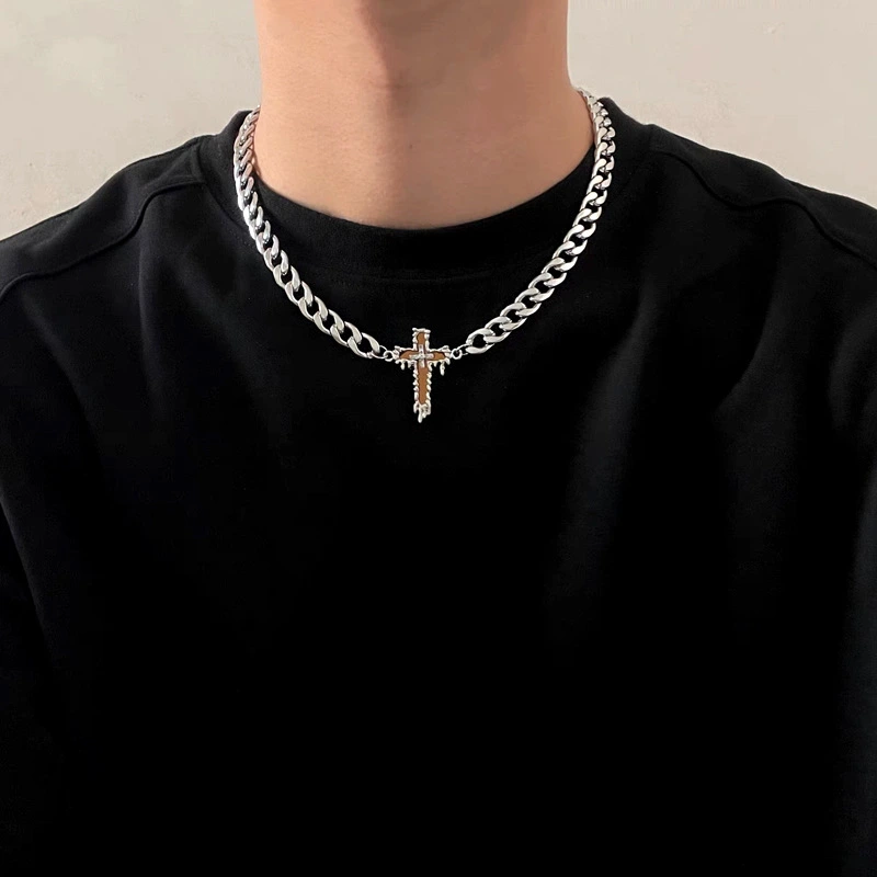 Glass Mirror Cross Necklace Men's Niche High Street