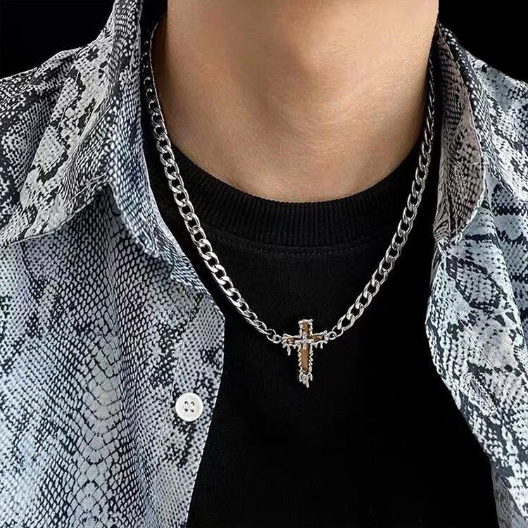 Glass Mirror Cross Necklace Men's Niche High Street