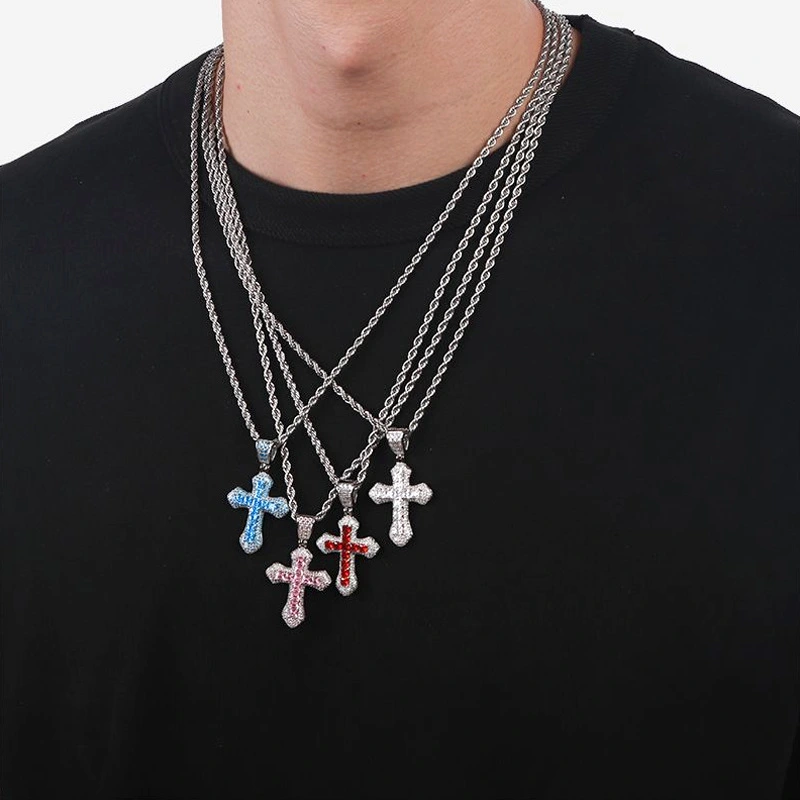 Full Diamond Cross Inlaid Zirconium Red And Blue Necklace