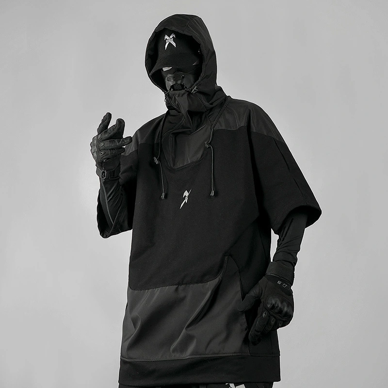 Functional Wind Stitching Short-sleeved Hooded Sweater Pullover Top