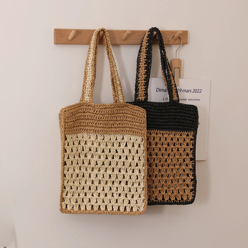 Color Matching Hollow Out Crochet One Shoulder Straw Bag