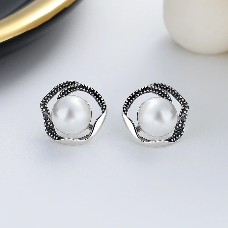 S925 Sterling Silver Vintage Distressed Pearl Stud Earrings