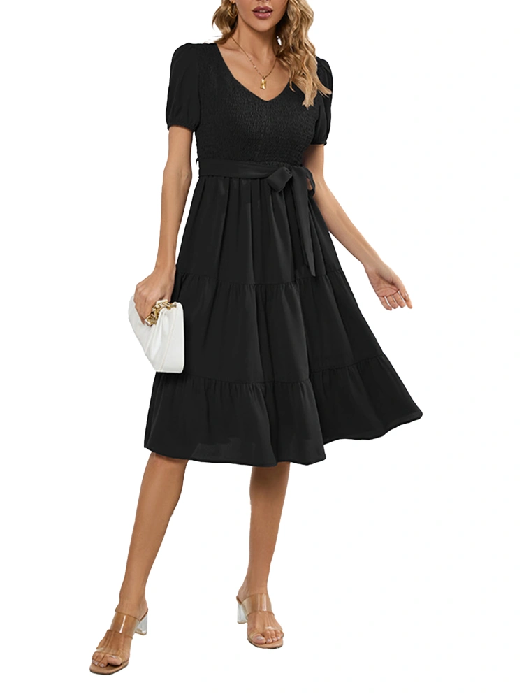 Women's Black A-Line Dress, Flowy Midi Dress