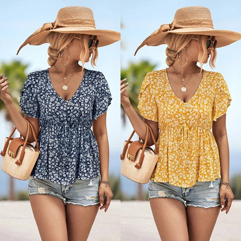 V-neck Lace-up Ruffle Sleeve Printed Shirt