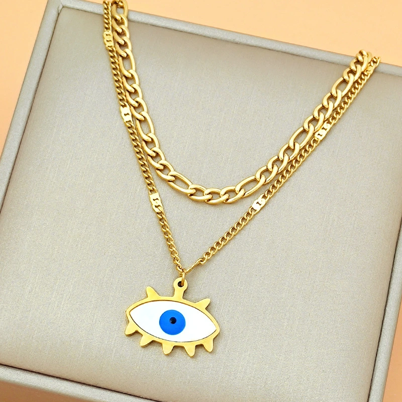 Fashion Personality Punk Retro Hip Hop Double-layer Thick And Thin Chain Blue And White Eye Pendant Titanium Steel Necklace