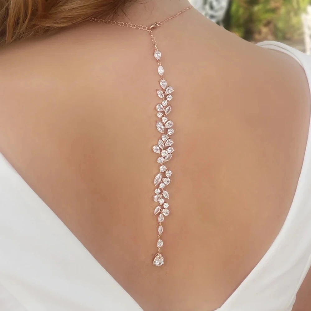 Sexy Body Chains Simple Leaf Zircon Back Necklace