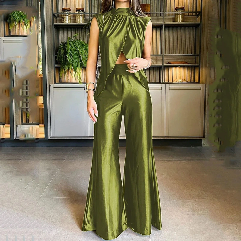 Solid Color Turtleneck Hollow-out Cinched Bell-bottom Pants Fashion Casual Set