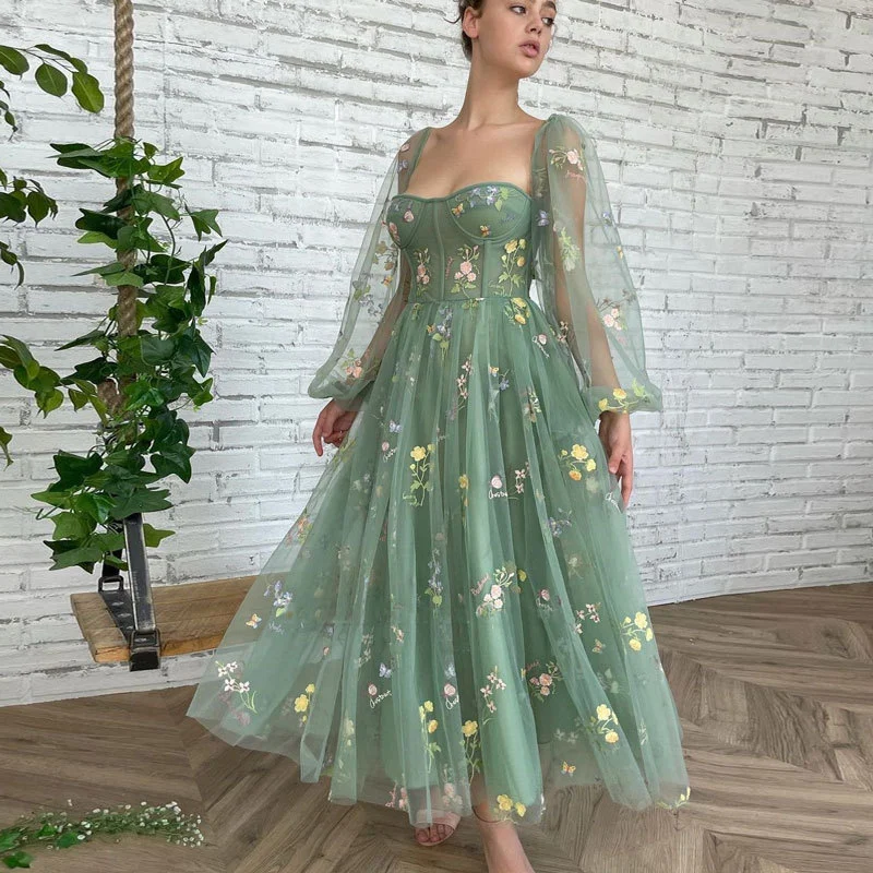 Long Sleeve Lace Green Puff Sleeve Prom Long Evening Dress