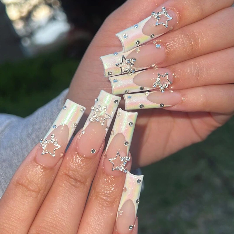 Wear Armor Long French Five-pointed Star Flash Diamond Nail Stickers Nail Tip