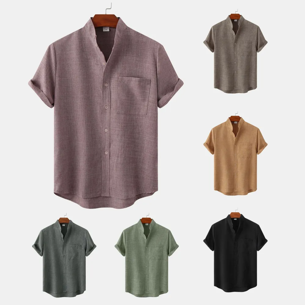 Men's Short Sleeve Solid Color Cotton Linen Shirt