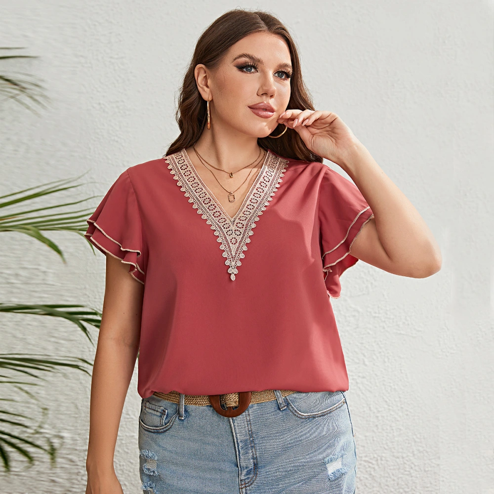 Red Brown Lace V-neck Loose Top Women