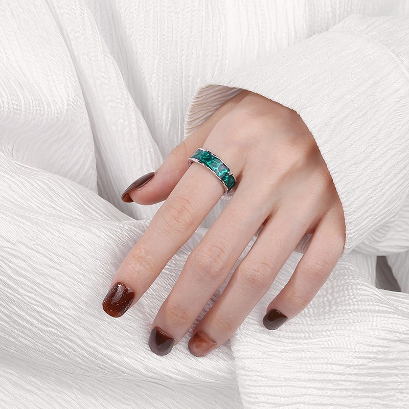 S925 Sterling Silver Irregular Green Dark Pattern Epoxy  Ring