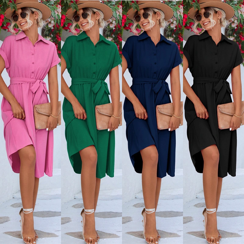 Summer V-neck Short Sleeve Shirt Dress with Bag