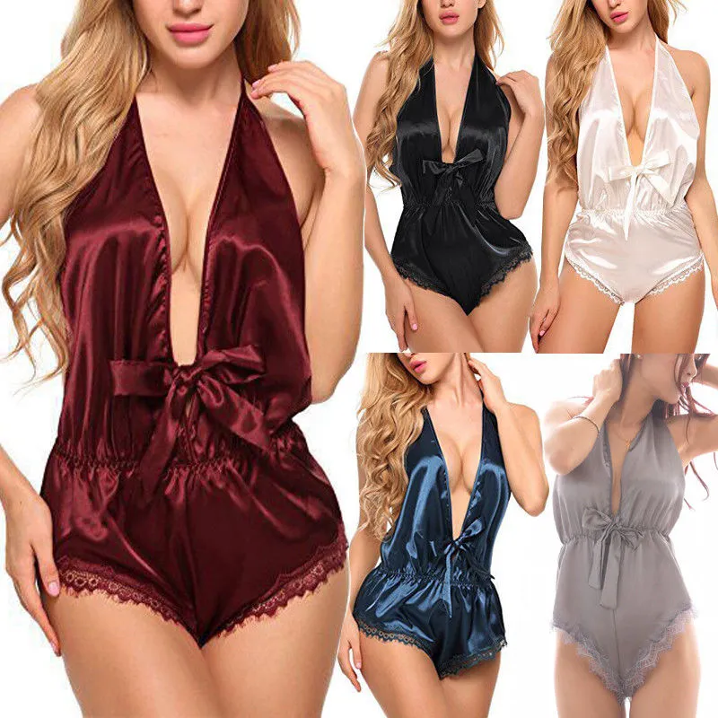 Summer Women Sexy Lingerie Lace Satin Sleeveless Backless V-neck Sleepwear Pyjama Set