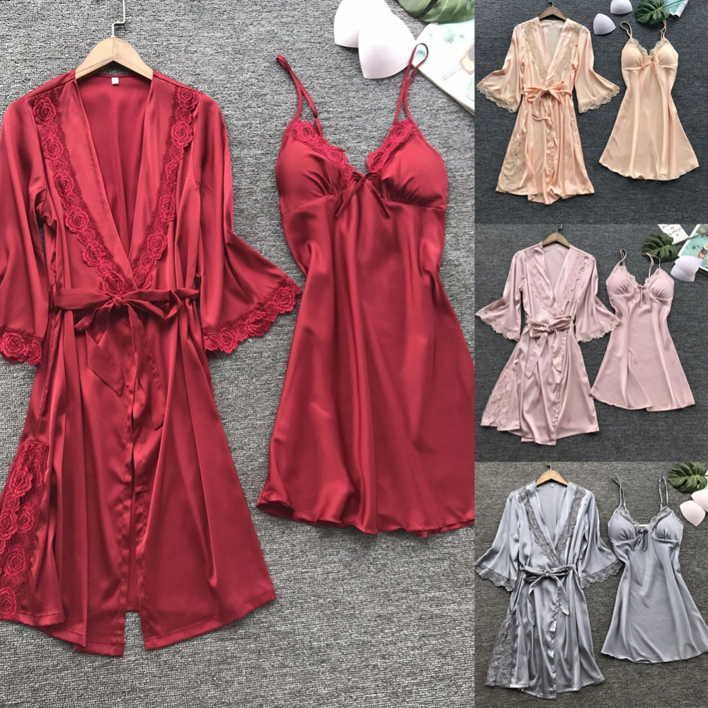 Women's Silk Satin Lingerie Set, Robe Dress + G-String Nightie Gown Sets, Valentine's Day Sleepwear Pyjamas Set