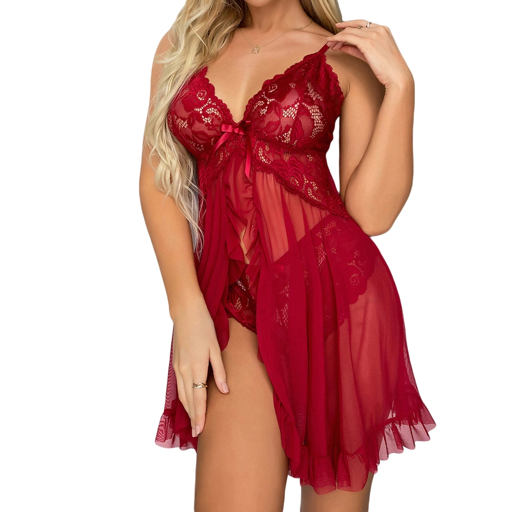 Women Lingerie Suits, Embroidery Lace Front Split Mesh Ruffle Hem Babydoll Dress with Thong Panty Nightwear Sleepwear