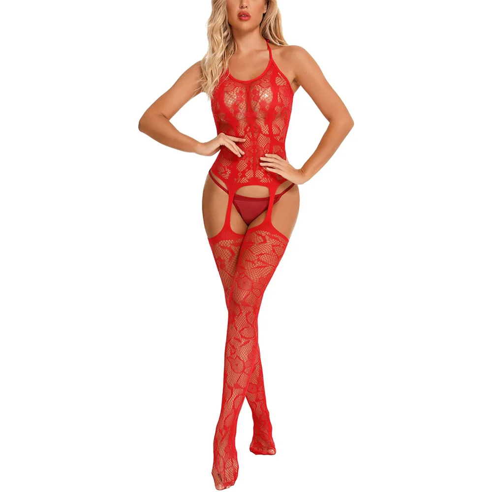 Women Sexy Lingerie Bodysuit with Hollow Socks, Hollow Decoration Flower Pattern Clothing