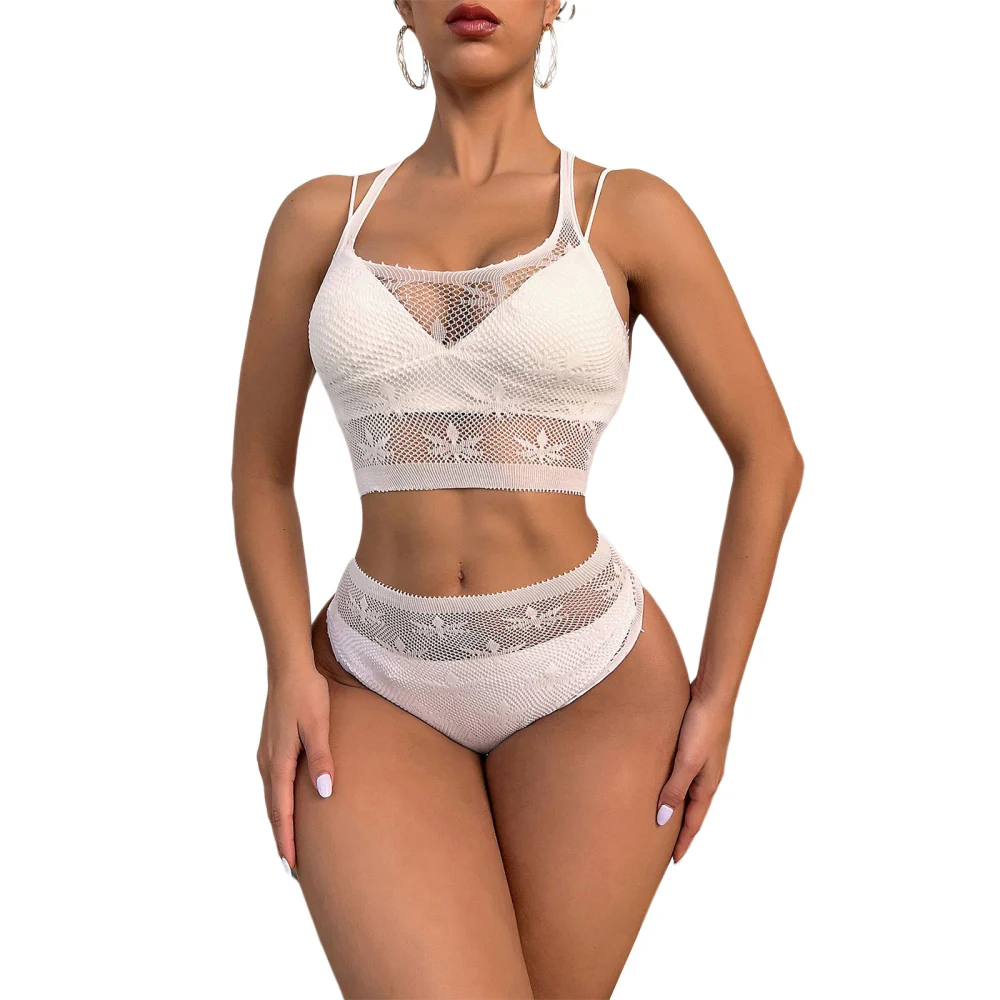 Women's Solid Color Lingerie Set, See-Through Hollow Out Hanging Neck Short Tops + Triangular Short Trousers