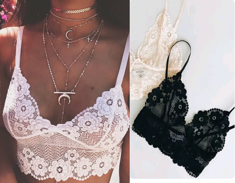 Women's Sexy Bra See Through Lace Design Sleeveless Sling Deep V-neck Beach Short Tops Bra