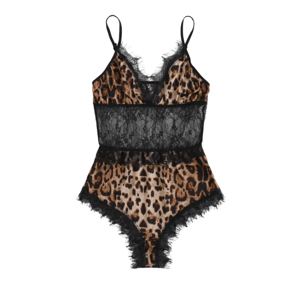 Female Sexy Lingerie, Leopard Print V-Neck Spaghetti Strap Bodysuit