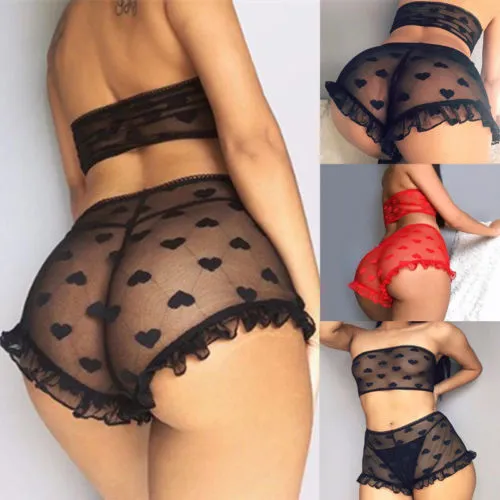 Women Sexy 2PCS Lingerie Set, Lace Heart Pattern Crop Slim See Through Mesh Top, High Waist Ruffle Short Pants Sleepwear Set