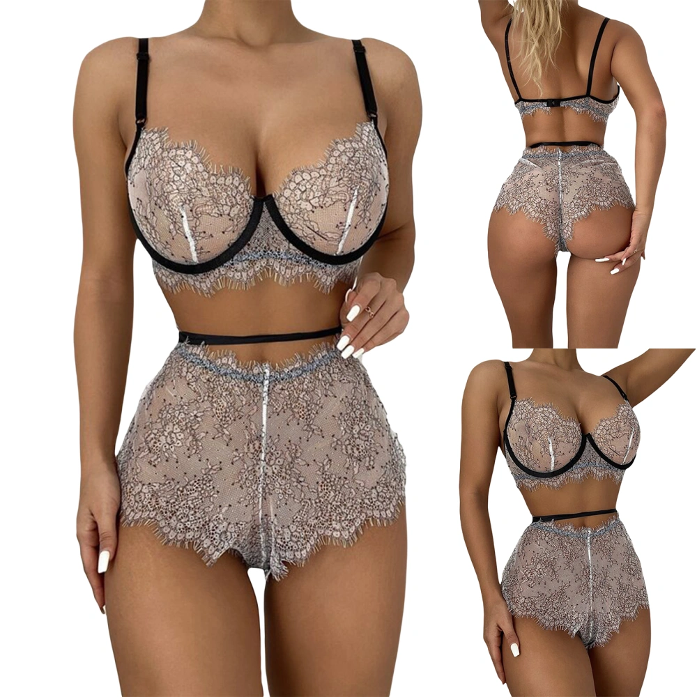 Women’s Lingerie Two Piece Set Fashion Eyelash Lace Sheer Backless Bra and High Waist Panty