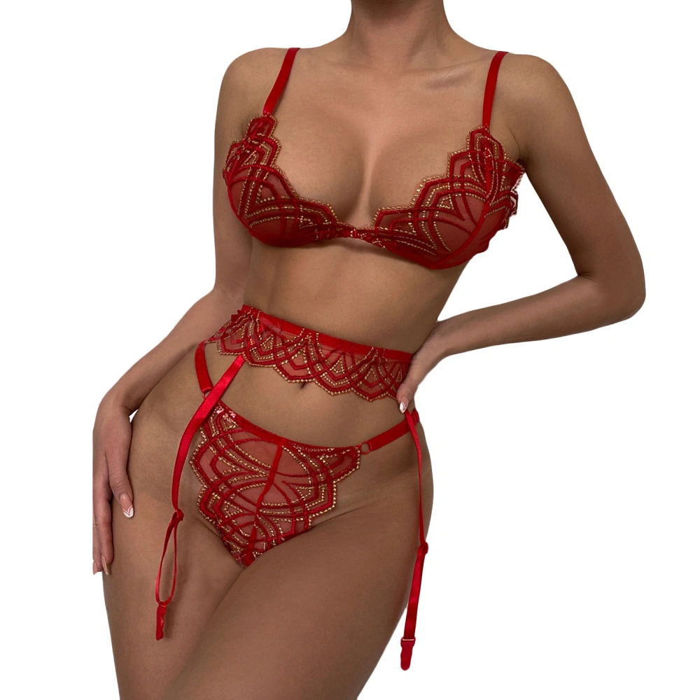 Women Sexy Lingerie Set, See-through V-neck Spaghetti Strap Lace Bra + Thong + Garter Belt